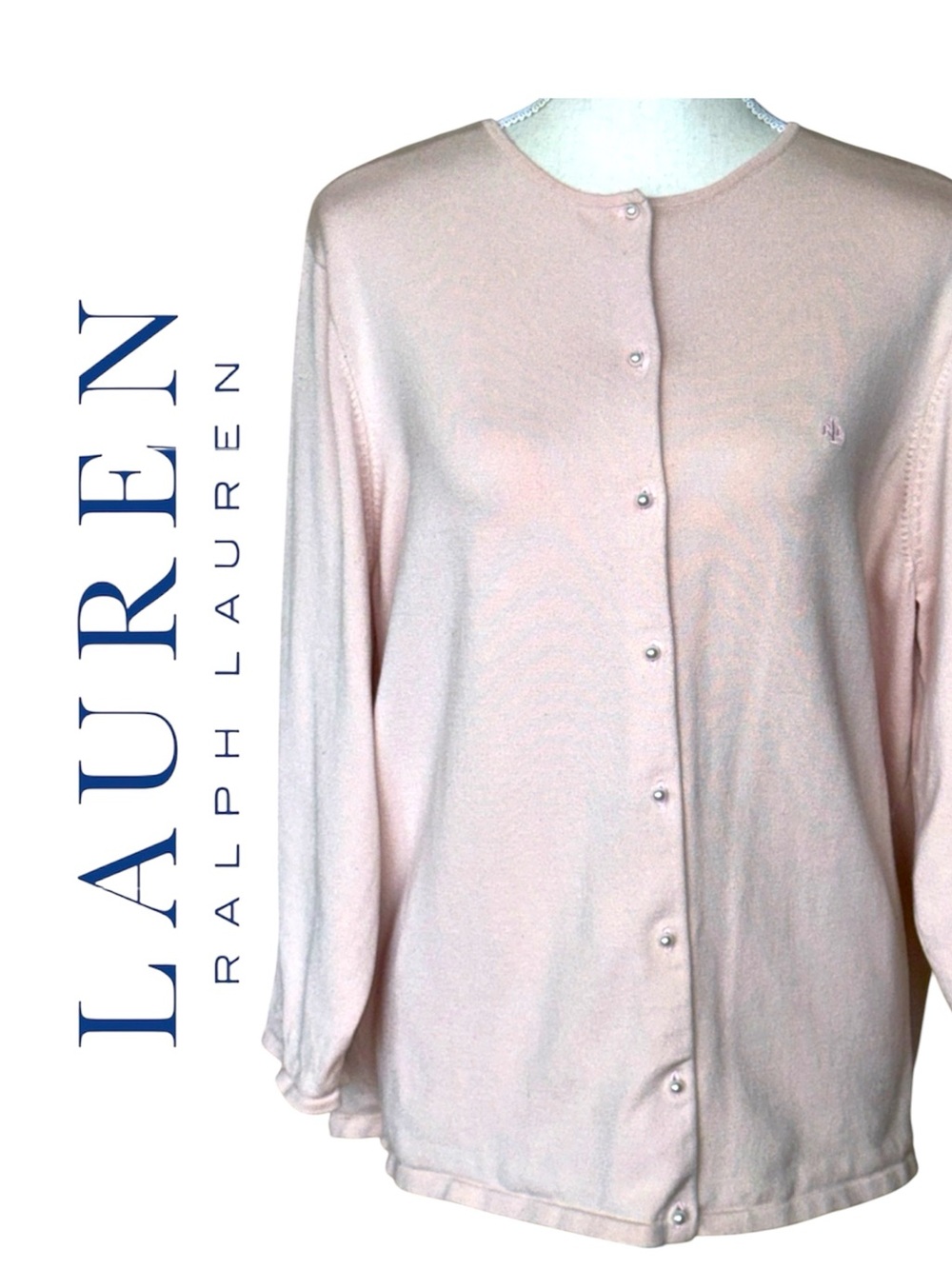 Ralph Lauren Silk & Pearl Button Front Cardigan Sweater Pale Pink Preppy Classic